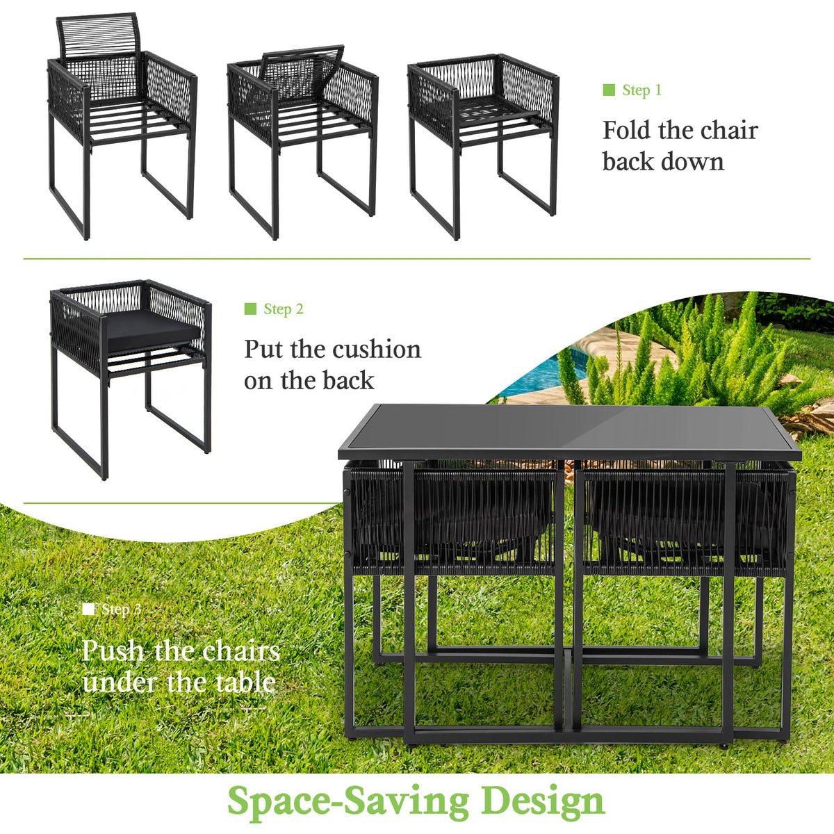3 Pieces Outdoor Dining Set with Folding Backrest and Seat Cushion-Black view 8