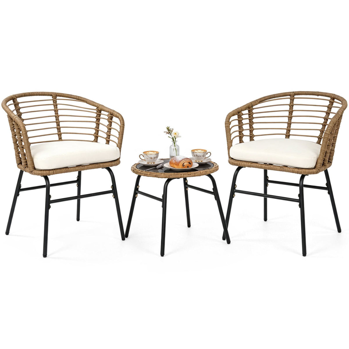 3 Pieces Outdoor Patio Furniture Set with Soft Cushions-White view 4