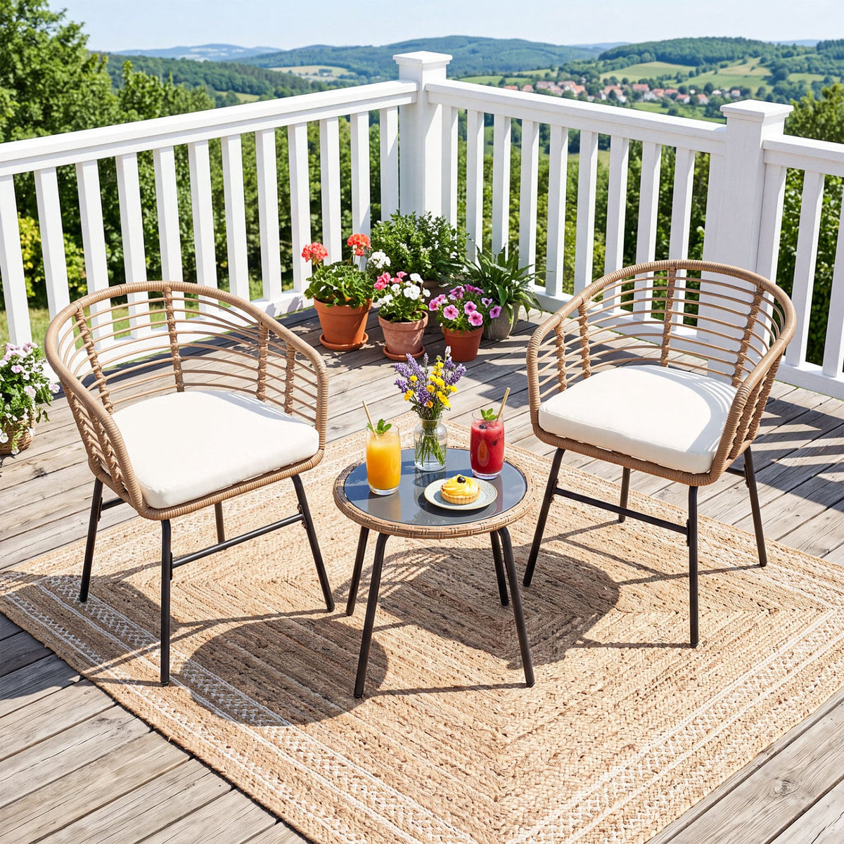 3 Pieces Outdoor Patio Furniture Set with Soft Cushions-White view 3