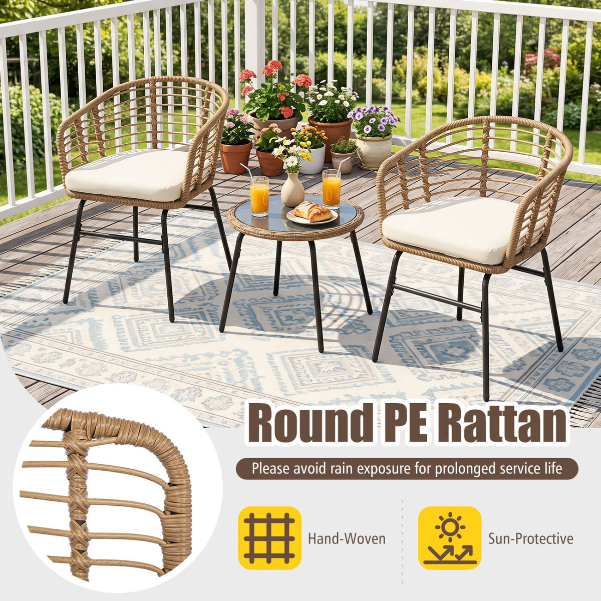 3 Pieces Outdoor Patio Furniture Set with Soft Cushions-White view 6