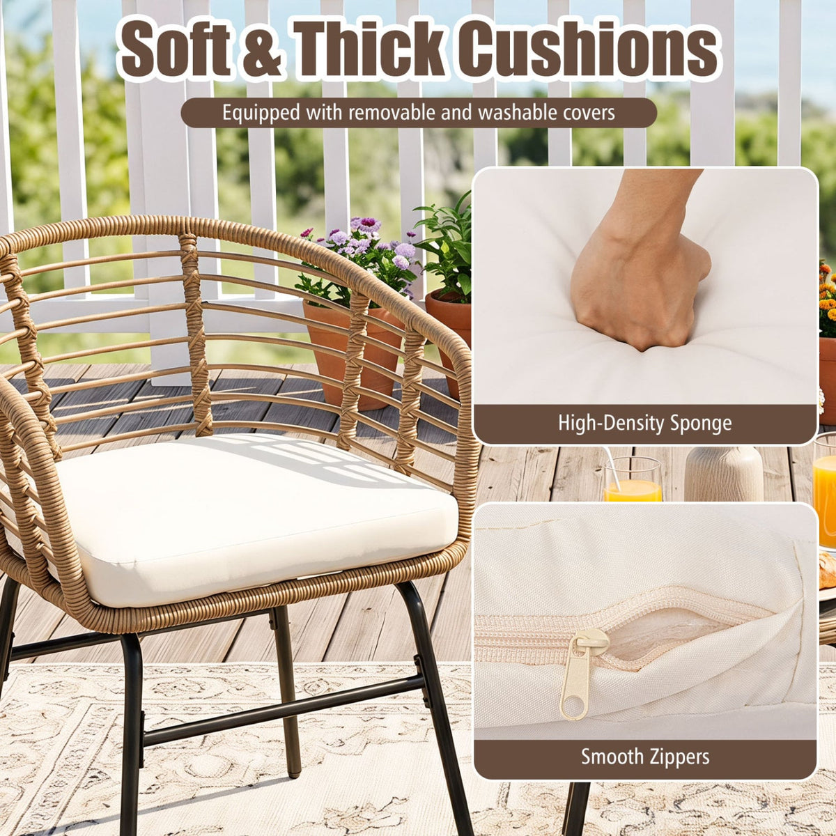3 Pieces Outdoor Patio Furniture Set with Soft Cushions-White view 7