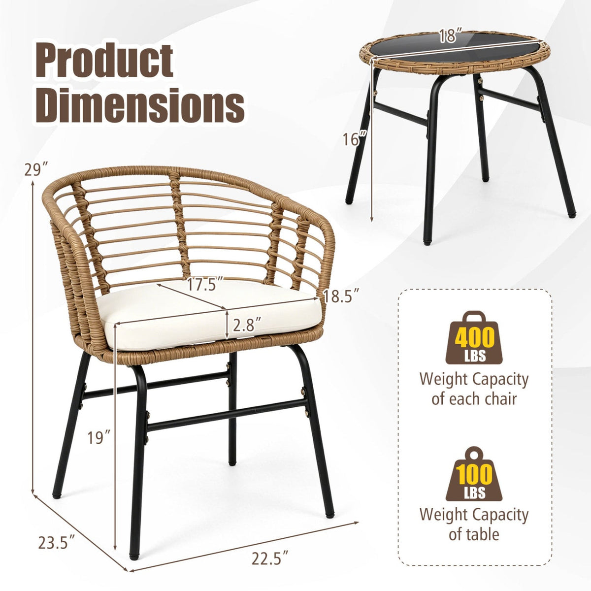 3 Pieces Outdoor Patio Furniture Set with Soft Cushions-White view 5