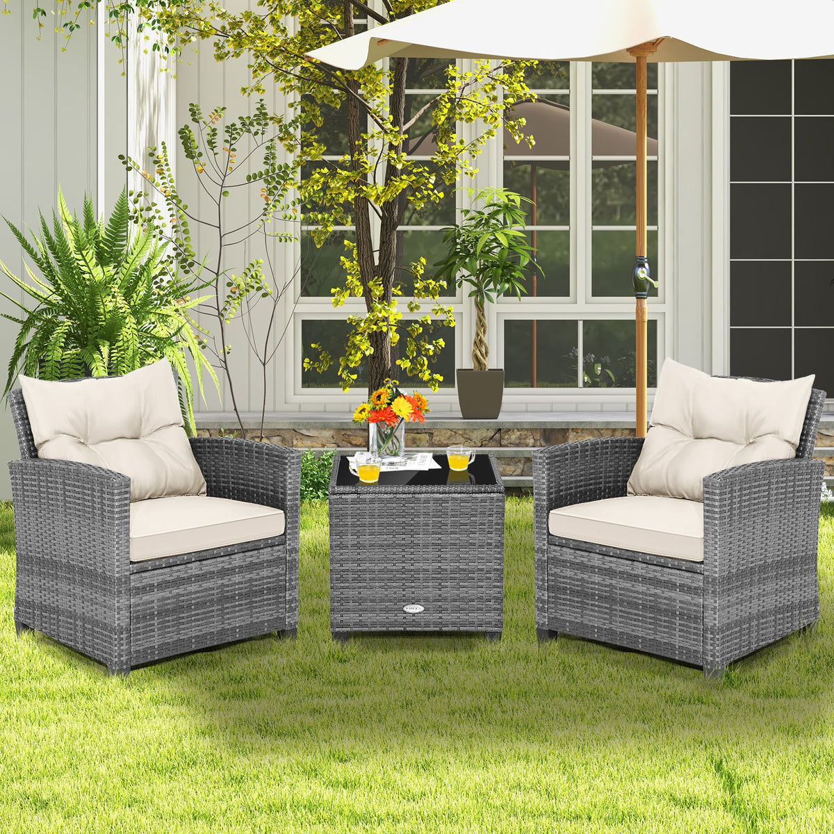 3 Pieces Outdoor Wicker Conversation Set with Tempered Glass Tabletop-White view 2