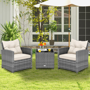 3 Pieces Outdoor Wicker Conversation Set with Tempered Glass Tabletop-White view 2