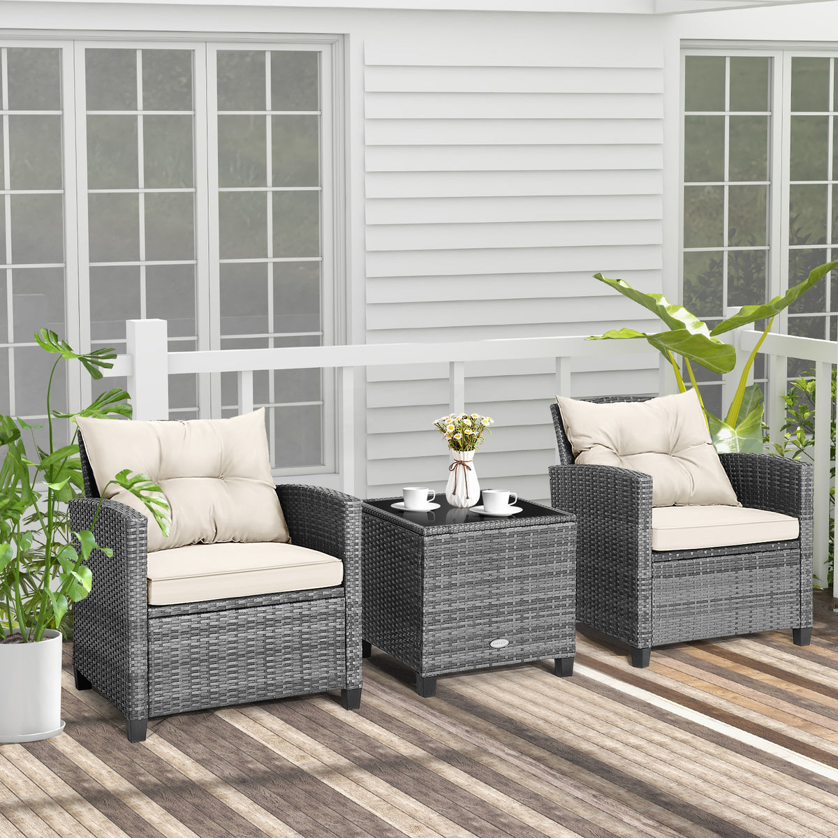 3 Pieces Outdoor Wicker Conversation Set with Tempered Glass Tabletop-White view 3