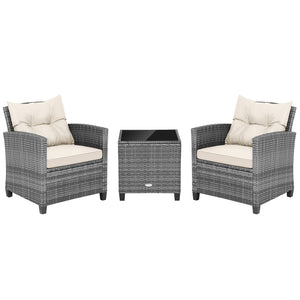 3 Pieces Outdoor Wicker Conversation Set with Tempered Glass Tabletop-White