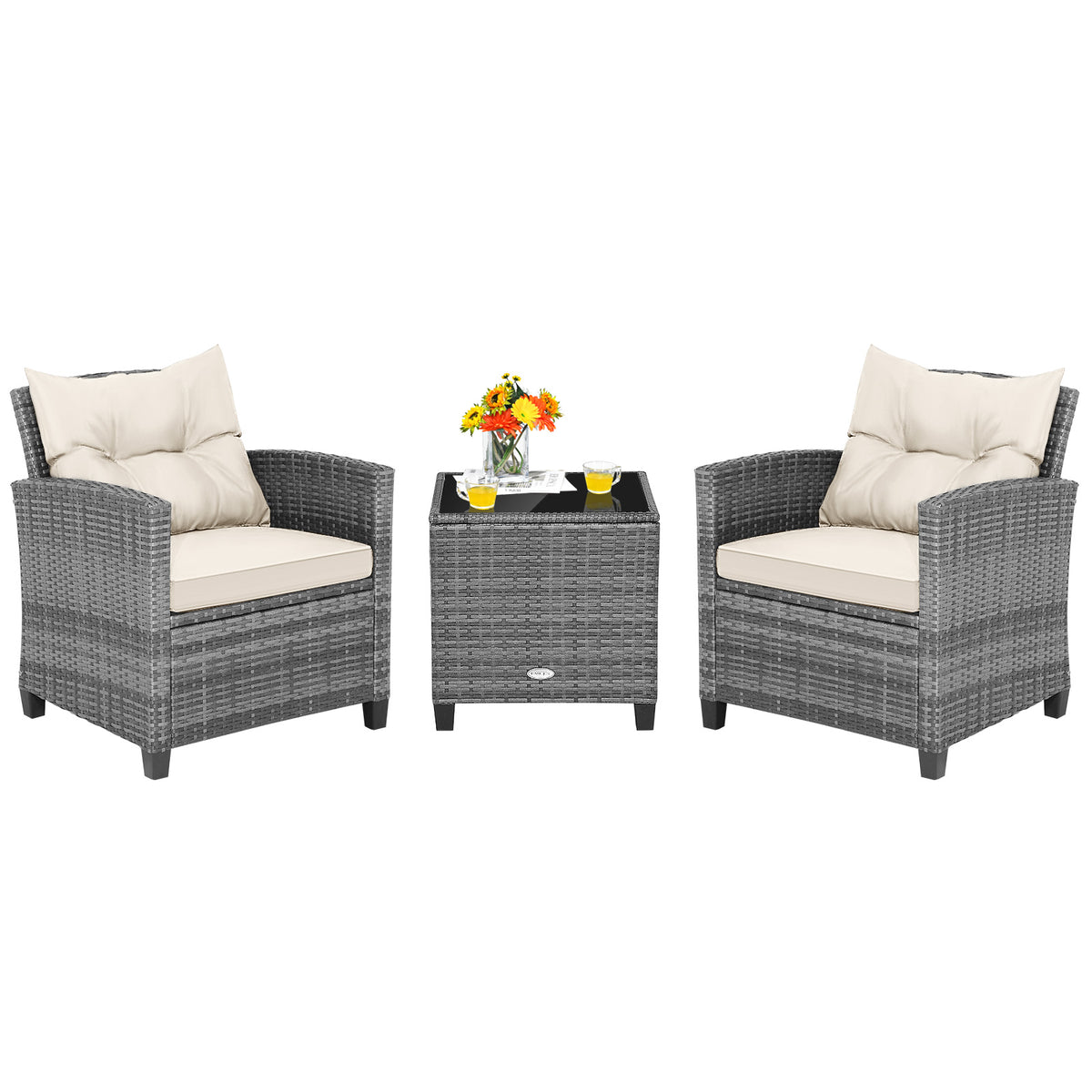 3 Pieces Outdoor Wicker Conversation Set with Tempered Glass Tabletop-White view 4
