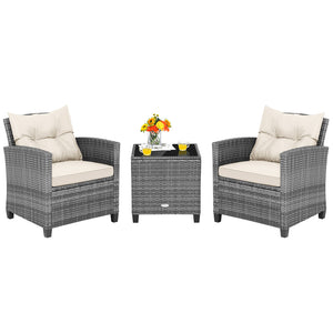 3 Pieces Outdoor Wicker Conversation Set with Tempered Glass Tabletop-White view 4