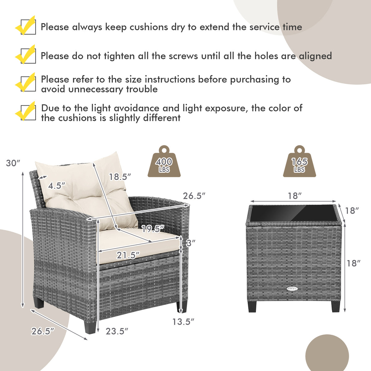 3 Pieces Outdoor Wicker Conversation Set with Tempered Glass Tabletop-White view 5