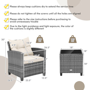 3 Pieces Outdoor Wicker Conversation Set with Tempered Glass Tabletop-White view 5