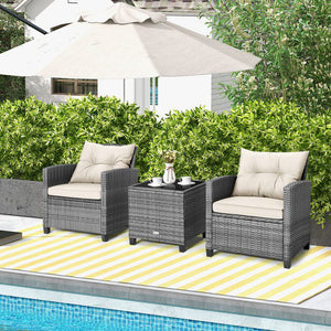 3 Pieces Outdoor Wicker Conversation Set with Tempered Glass Tabletop-White view 6