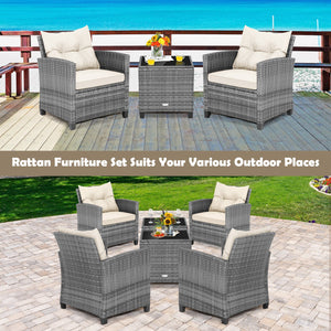 3 Pieces Outdoor Wicker Conversation Set with Tempered Glass Tabletop-White view 7