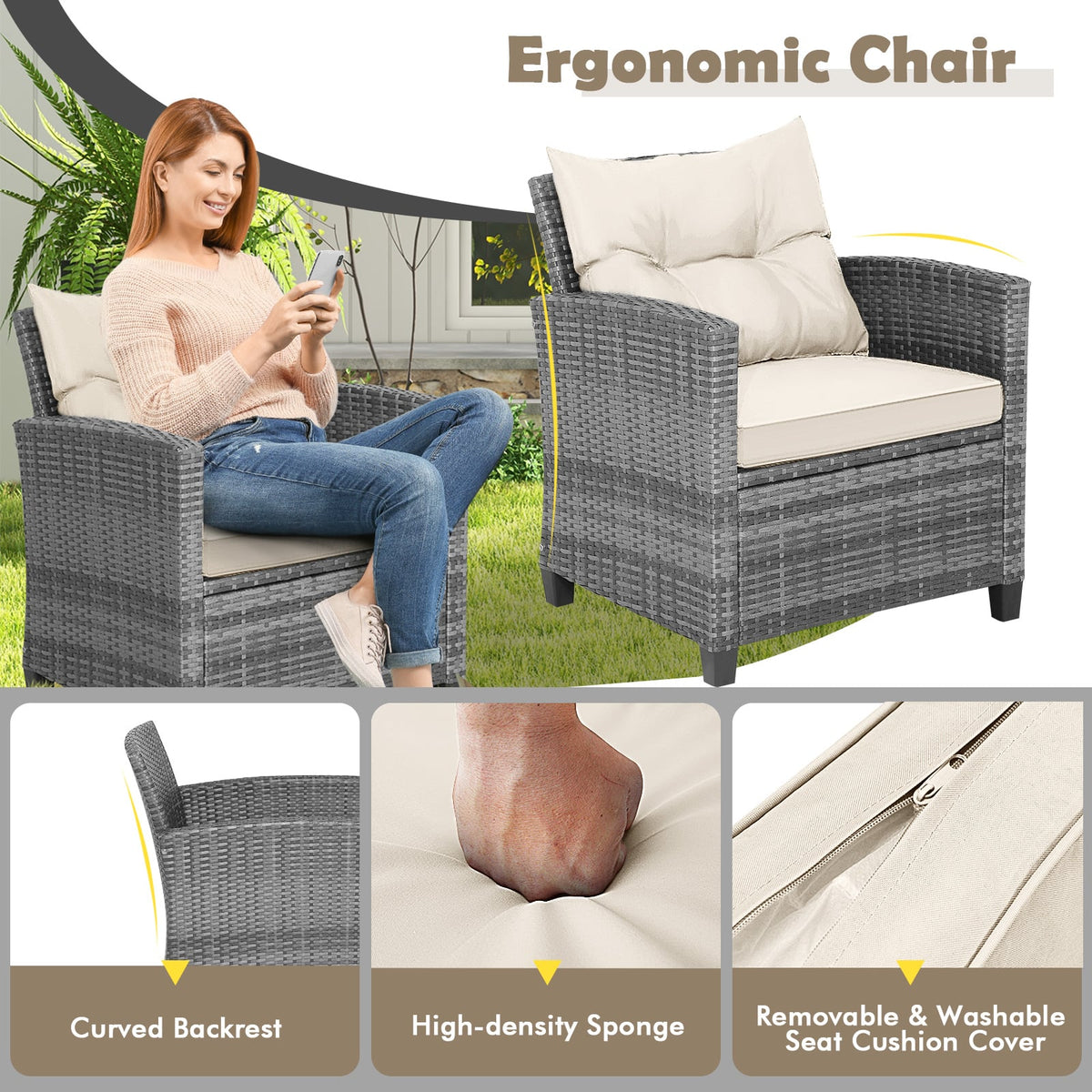 3 Pieces Outdoor Wicker Conversation Set with Tempered Glass Tabletop-White view 8