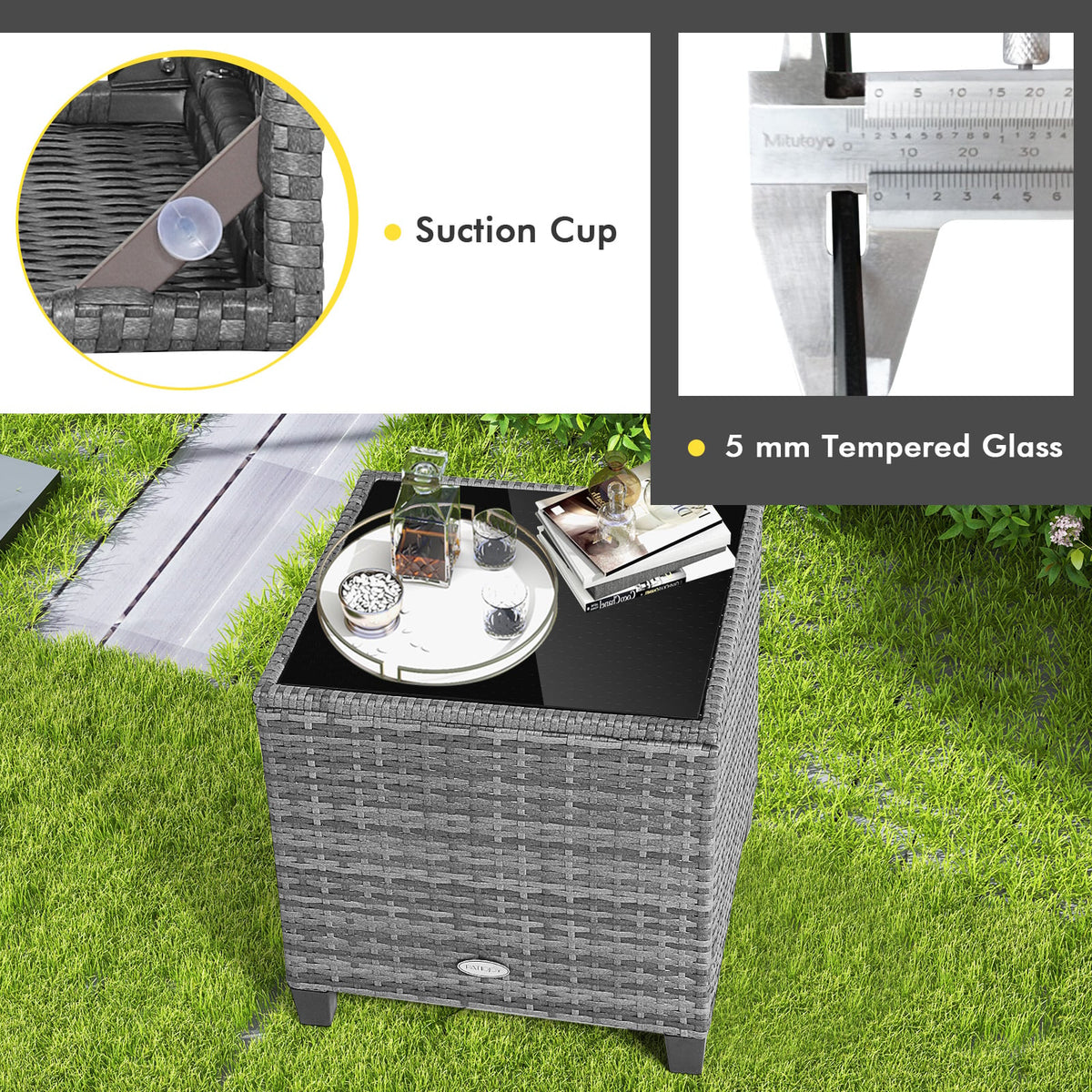3 Pieces Outdoor Wicker Conversation Set with Tempered Glass Tabletop-White view 9