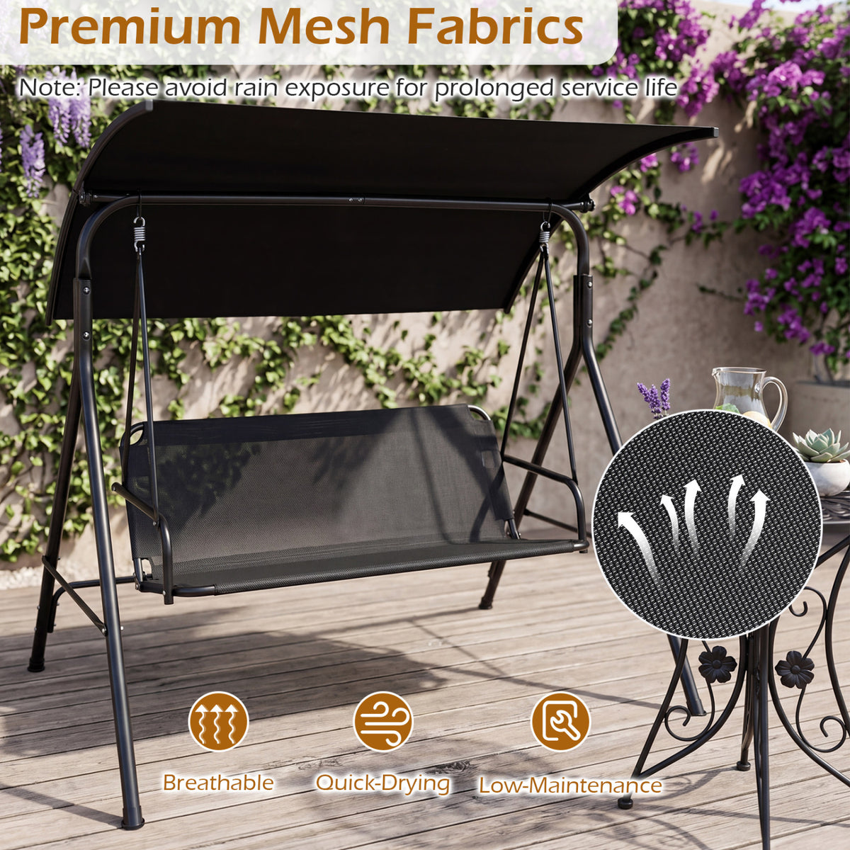 3-Seat Outdoor Patio Swing Chair with Breathable Mesh Fabrics-Beige view 6