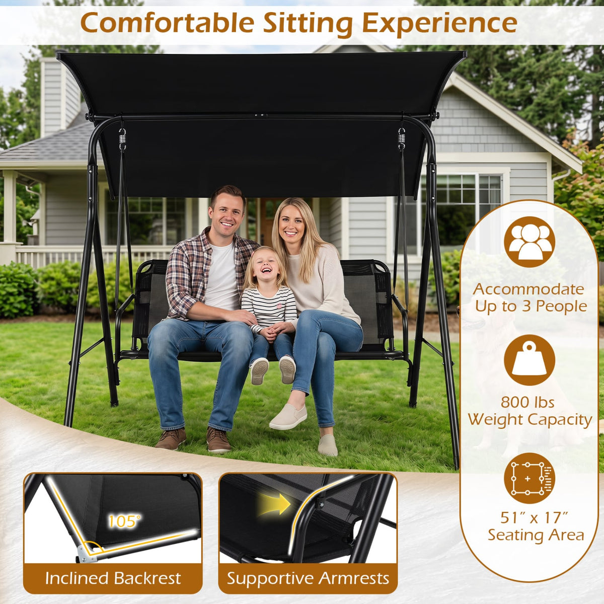 3-Seat Outdoor Patio Swing Chair with Breathable Mesh Fabrics-Beige view 7