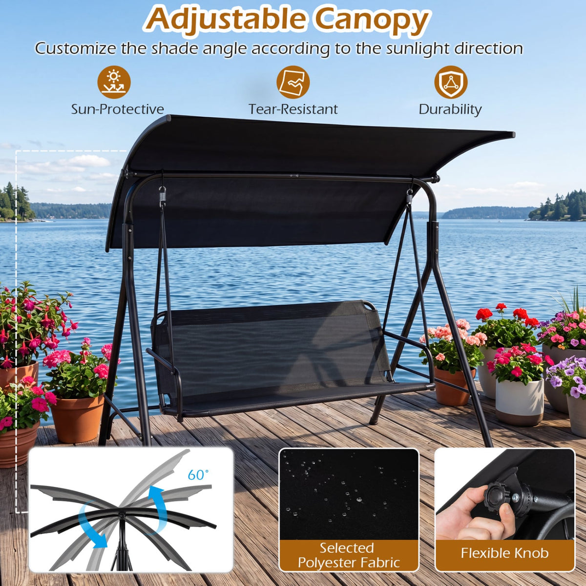 3-Seat Outdoor Patio Swing Chair with Breathable Mesh Fabrics-Black view 5