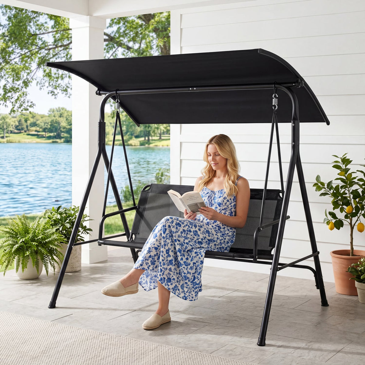 3-Seat Outdoor Patio Swing Chair with Breathable Mesh Fabrics-Black view 9