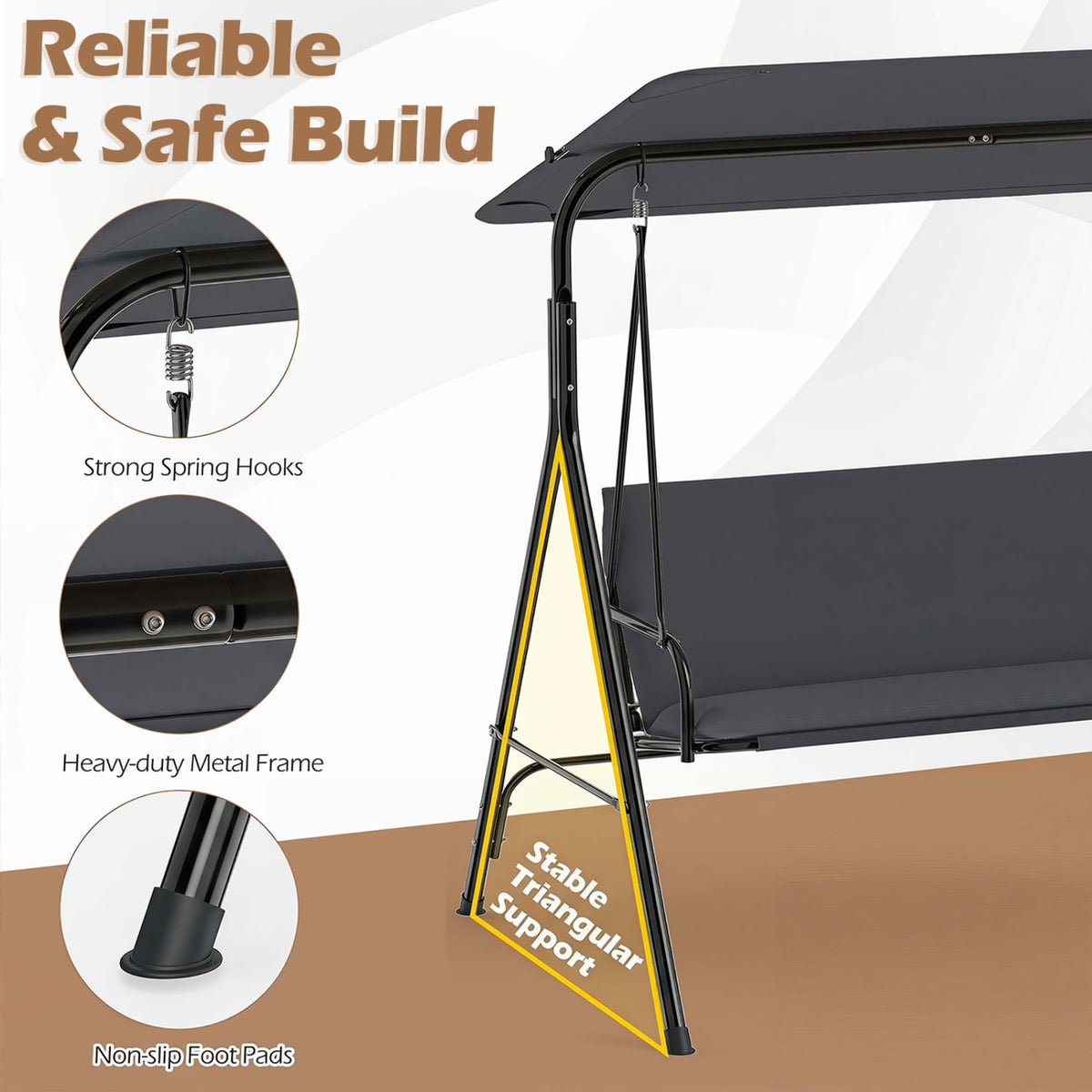 3-Seat Patio Swing Chair with Adjustable Canopy & Removable Cushion-Gray view 8