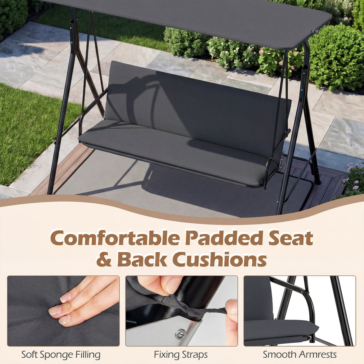 3-Seat Patio Swing Chair with Adjustable Canopy & Removable Cushion-Gray view 9