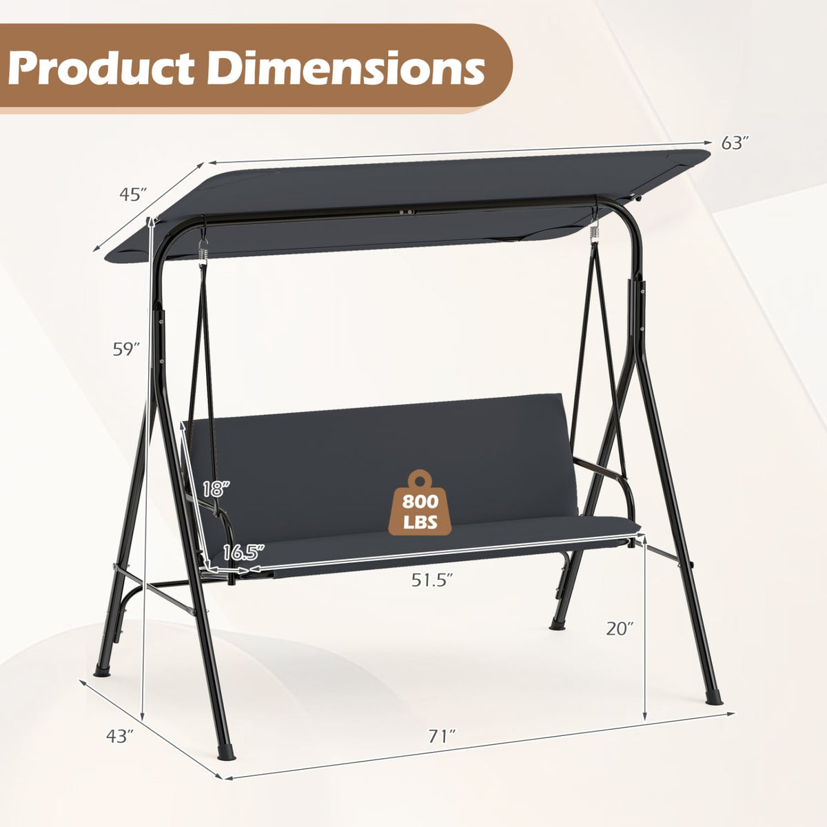 3-Seat Patio Swing Chair with Adjustable Canopy & Removable Cushion-Gray view 4