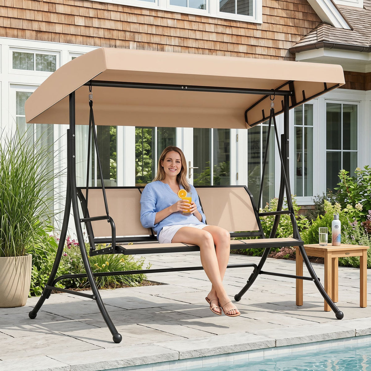 3-Seat Patio Swing Chair with Adjustable Canopy -Beige view 3