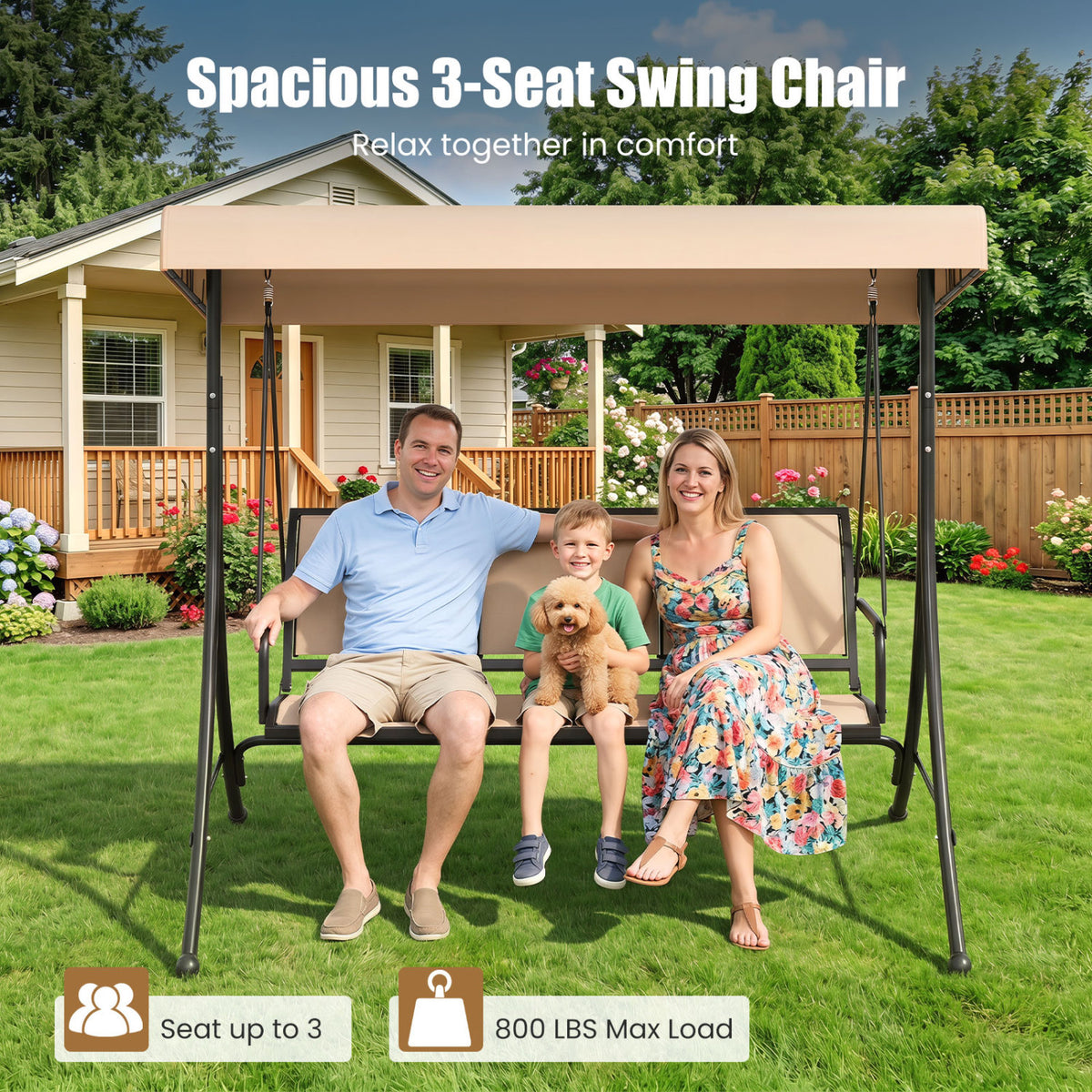 3-Seat Patio Swing Chair with Adjustable Canopy -Beige view 6