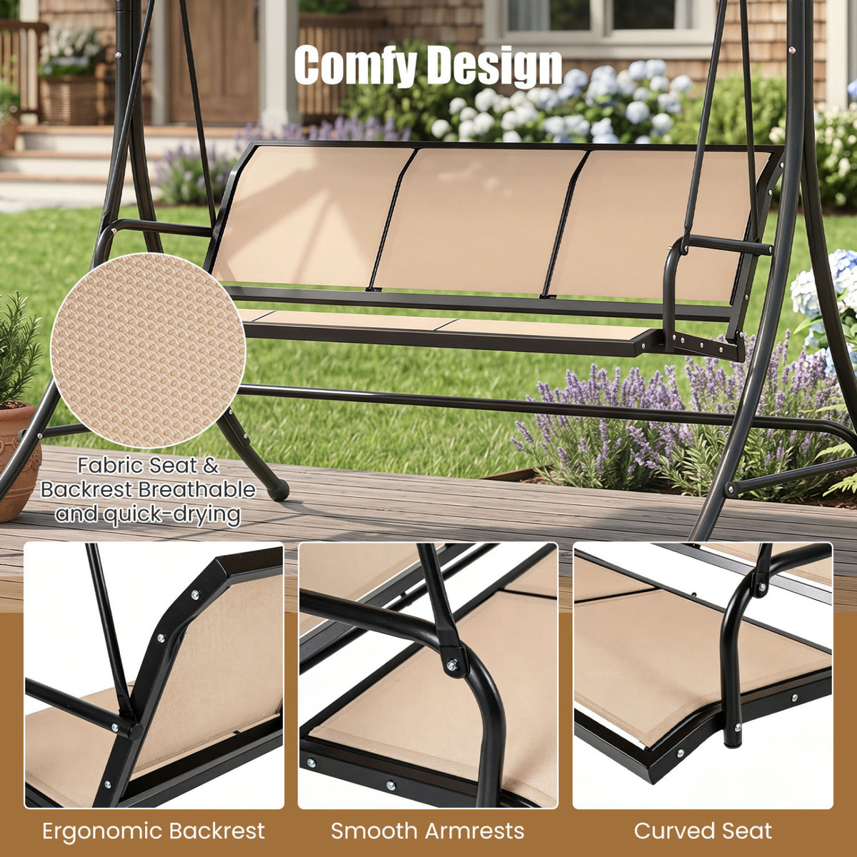 3-Seat Patio Swing Chair with Adjustable Canopy -Beige view 8