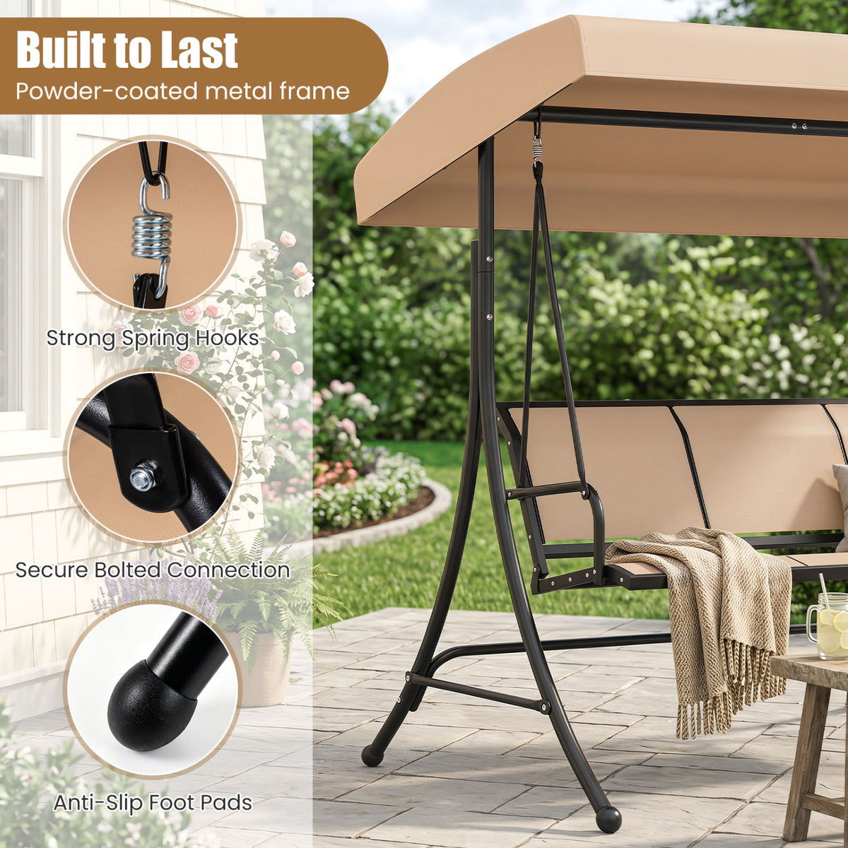 3-Seat Patio Swing Chair with Adjustable Canopy -Beige view 9
