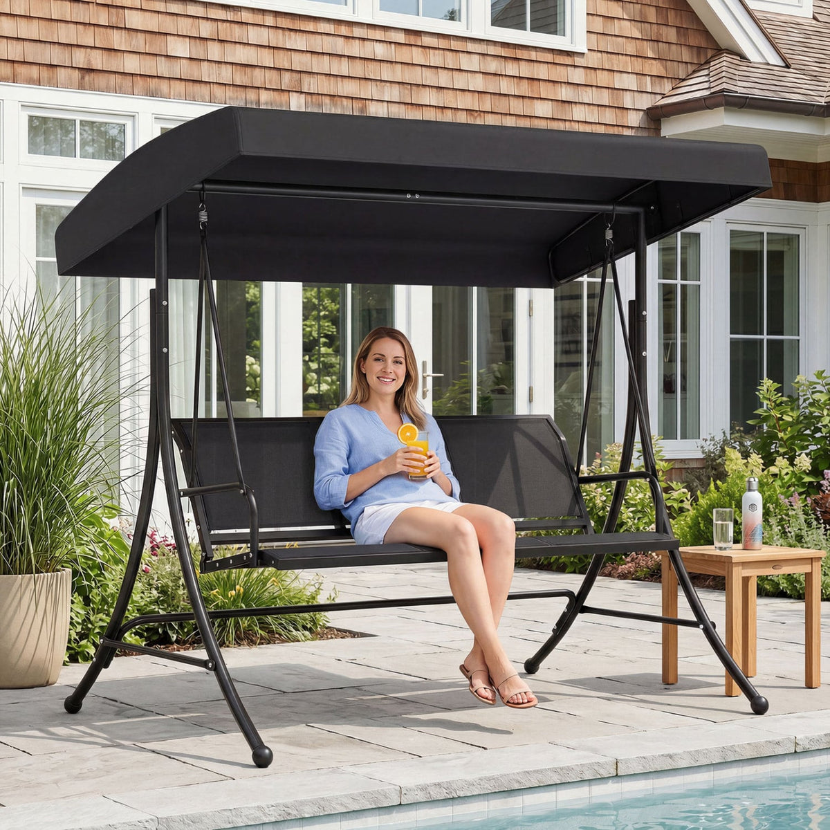 3-Seat Patio Swing Chair with Adjustable Canopy -Black view 5