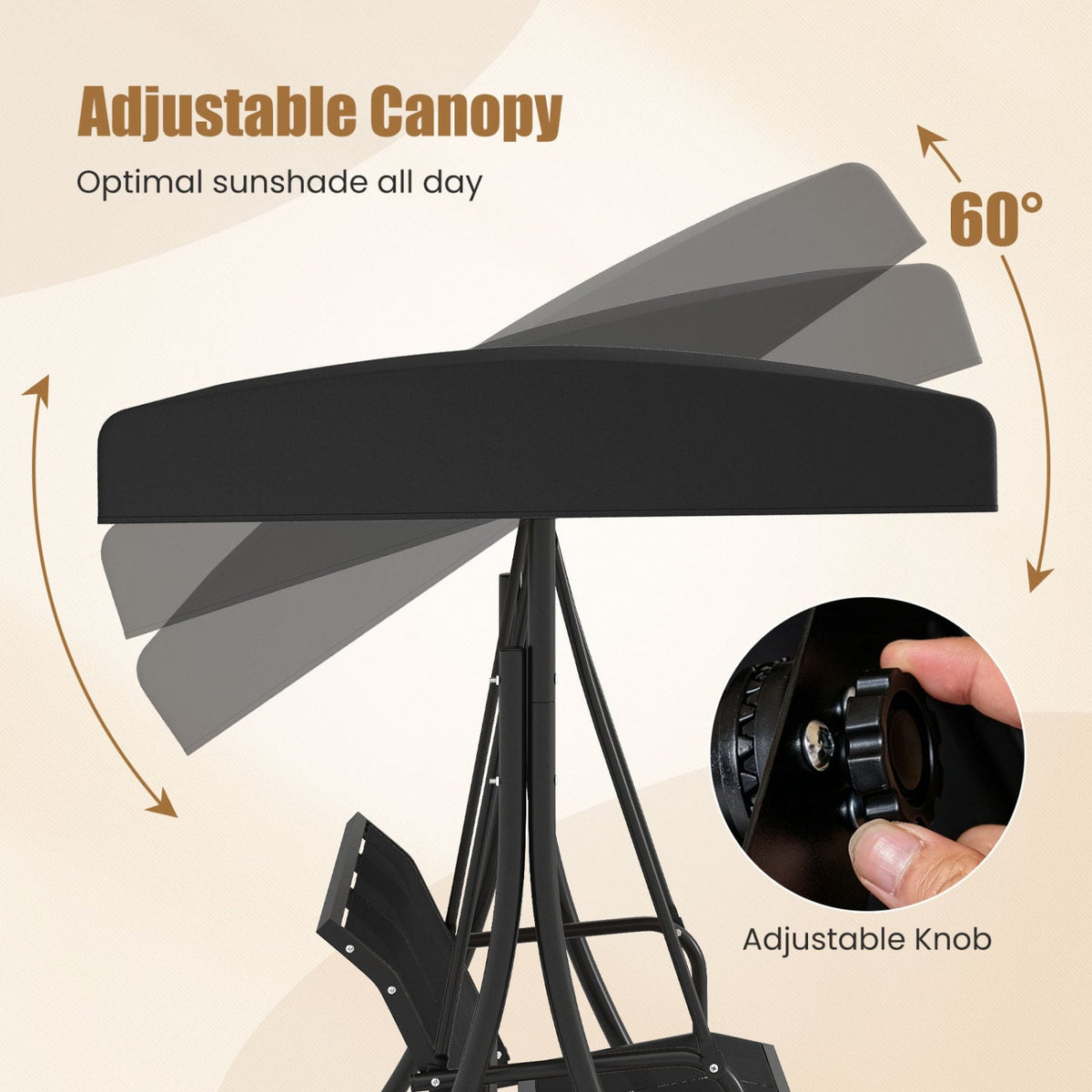 3-Seat Patio Swing Chair with Adjustable Canopy -Black view 7