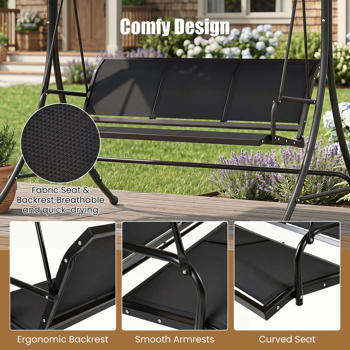 3-Seat Patio Swing Chair with Adjustable Canopy -Black view 8