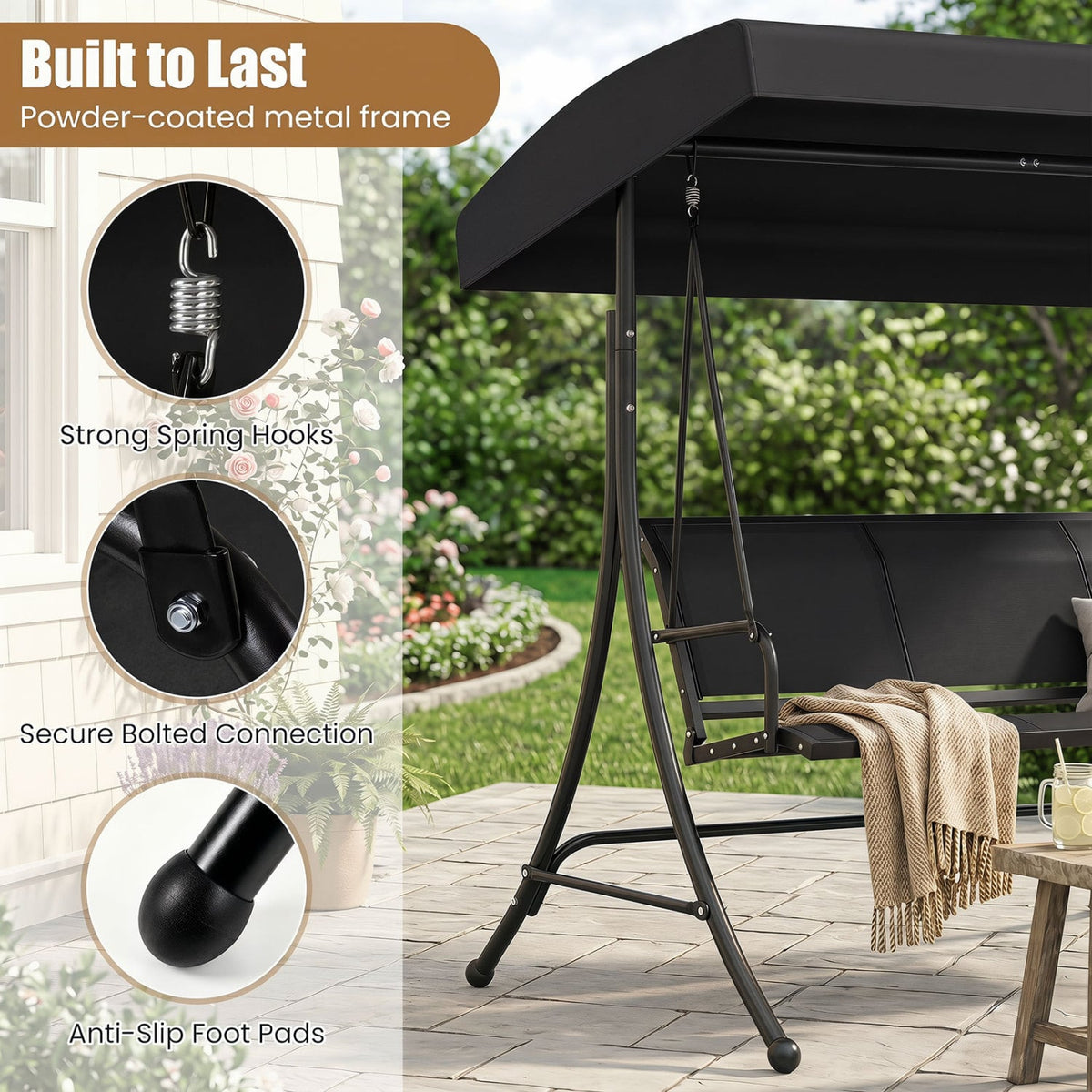 3-Seat Patio Swing Chair with Adjustable Canopy -Black view 9