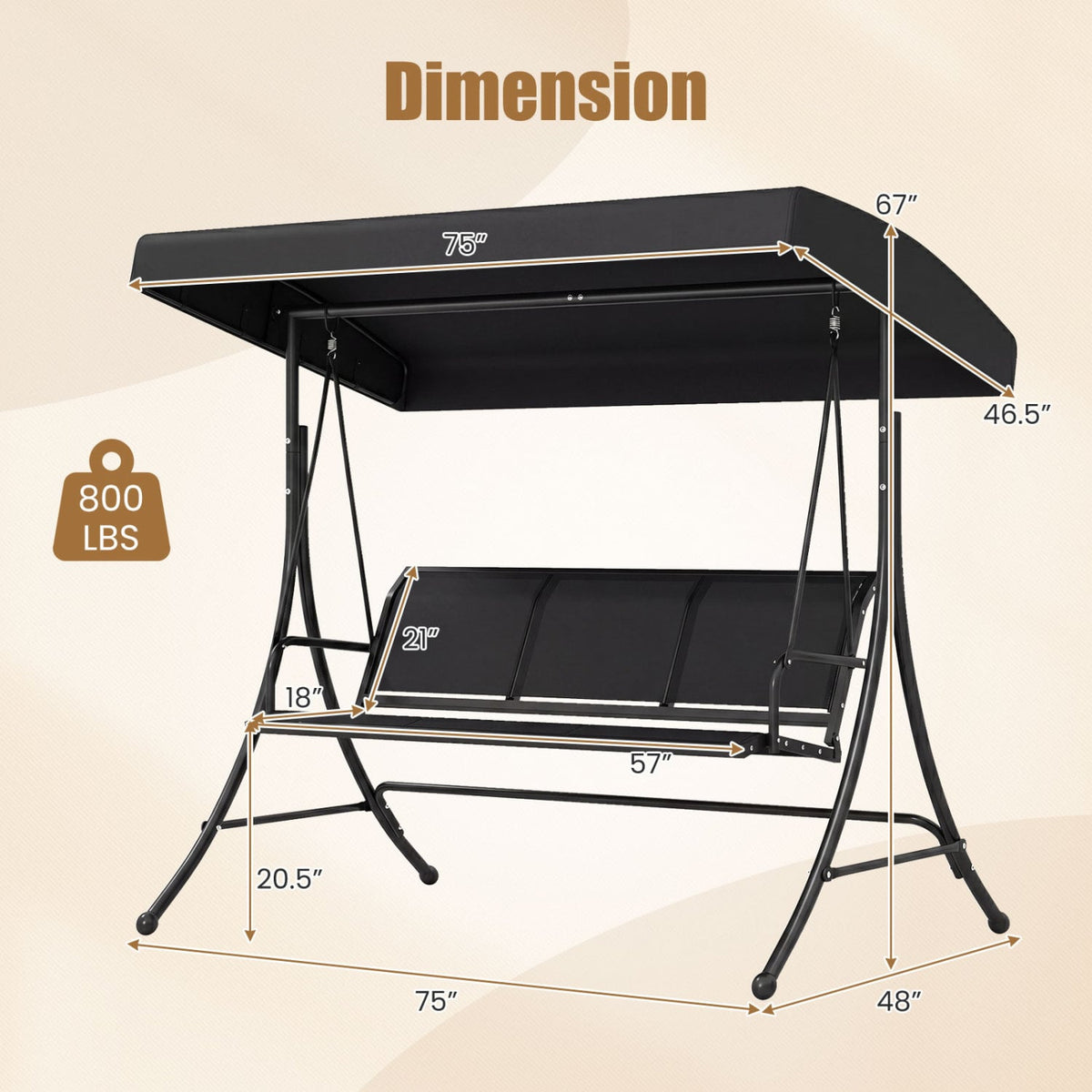 3-Seat Patio Swing Chair with Adjustable Canopy -Black view 4