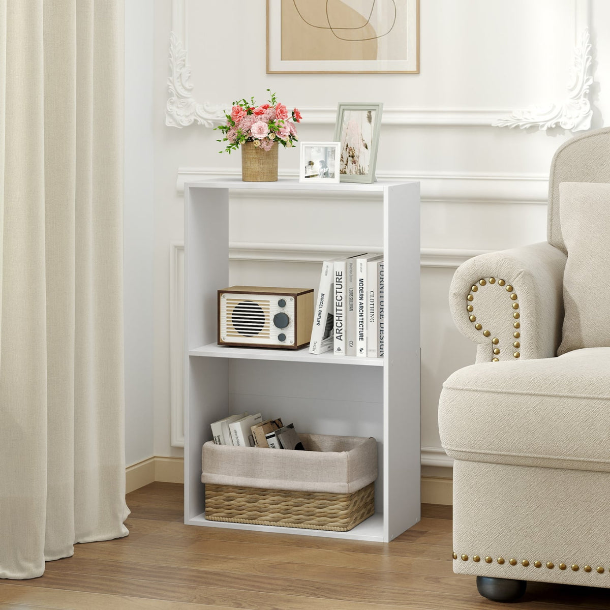 3-Tier Bookshelf with Open Storage Compartment and Freestanding Display Shelf-White view 2
