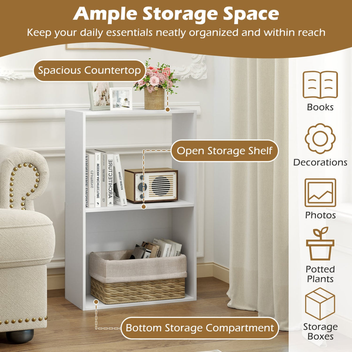 3-Tier Bookshelf with Open Storage Compartment and Freestanding Display Shelf-White view 6