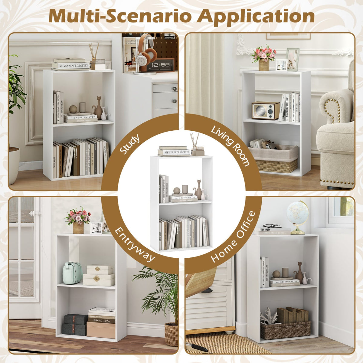 3-Tier Bookshelf with Open Storage Compartment and Freestanding Display Shelf-White view 8