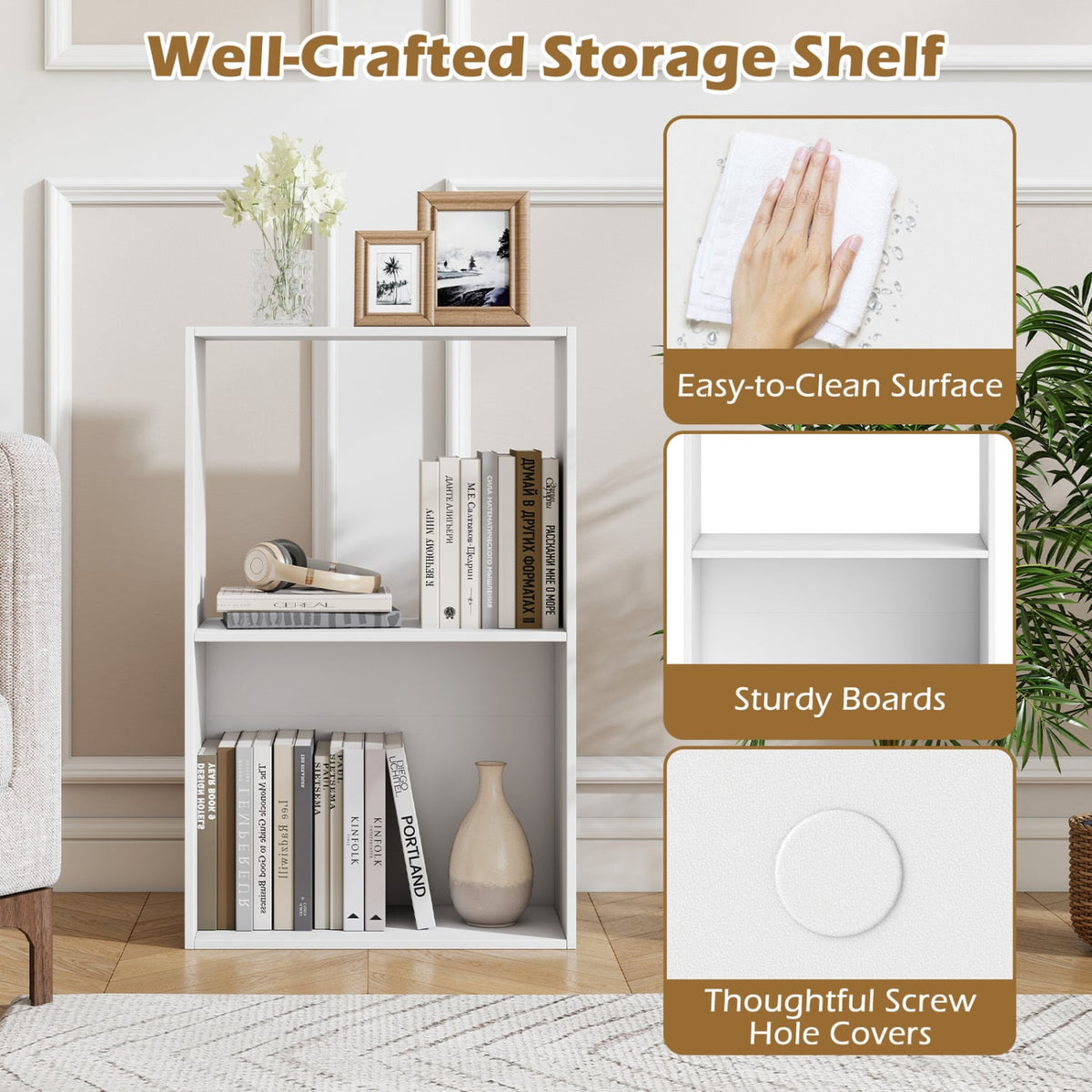 3-Tier Bookshelf with Open Storage Compartment and Freestanding Display Shelf-White view 9