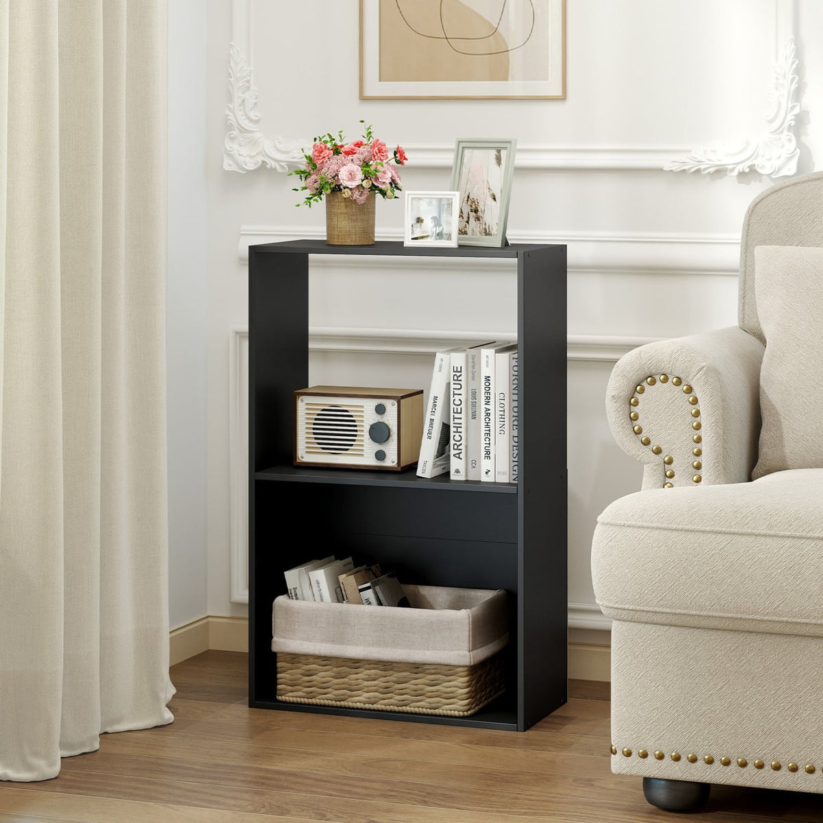 3-Tier Bookshelf with Open Storage Compartment and Freestanding Display Shelf-Black view 2