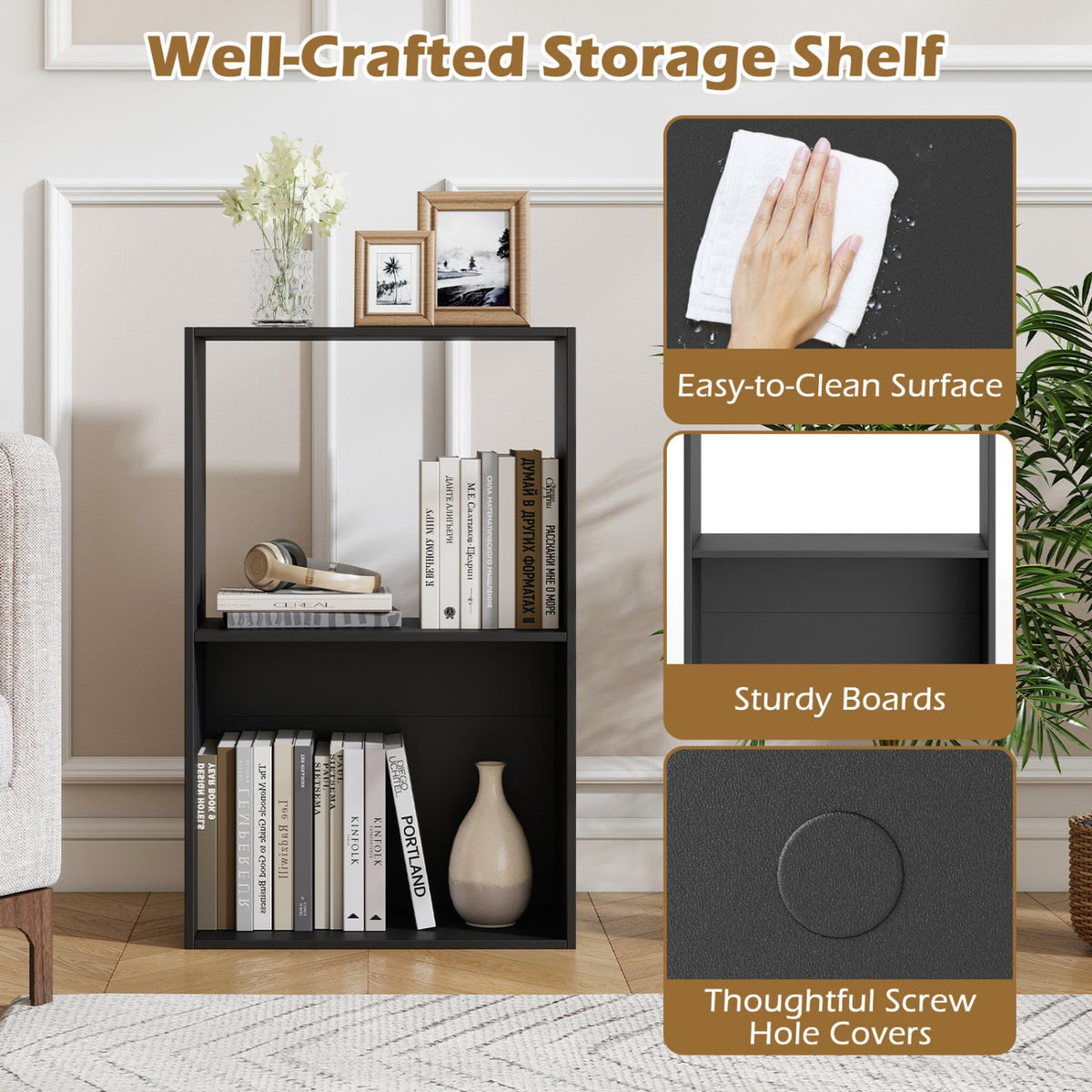 3-Tier Bookshelf with Open Storage Compartment and Freestanding Display Shelf-Black view 9