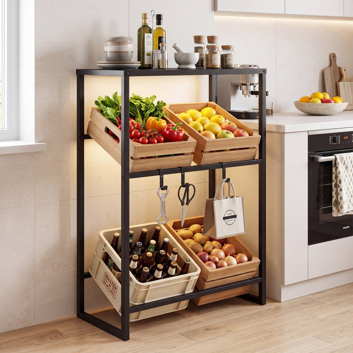 3-Tier Drink Crate Rack with Shelf for Beer and Water for Kitchen and Garage-Black view 2