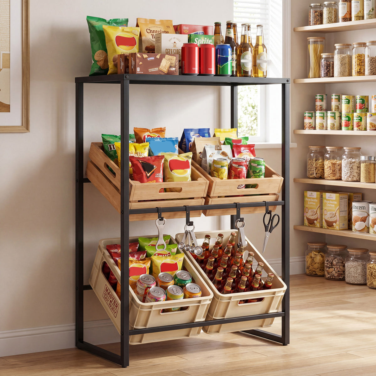 3-Tier Drink Crate Rack with Shelf for Beer and Water for Kitchen and Garage-Black view 3