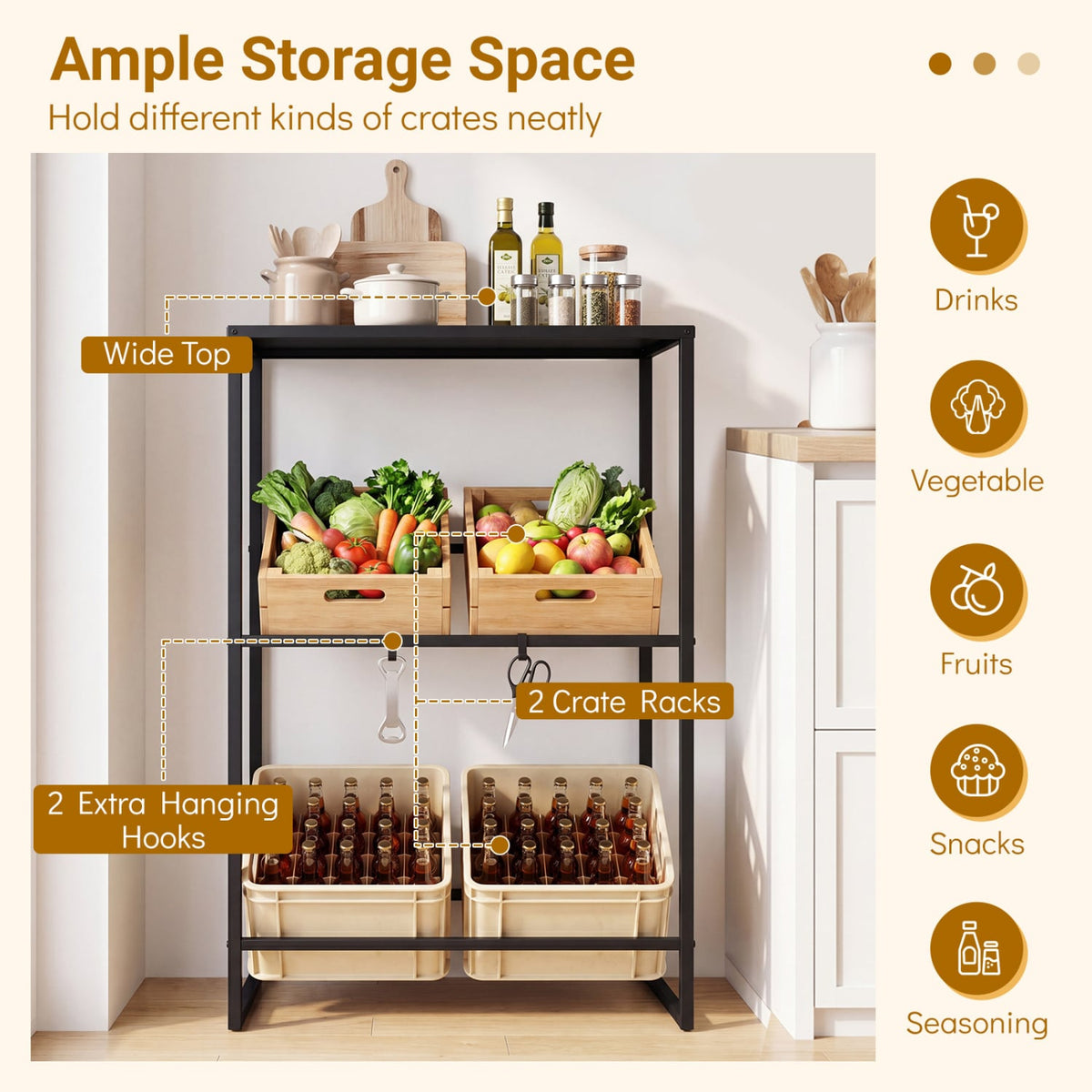 3-Tier Drink Crate Rack with Shelf for Beer and Water for Kitchen and Garage-Black view 6