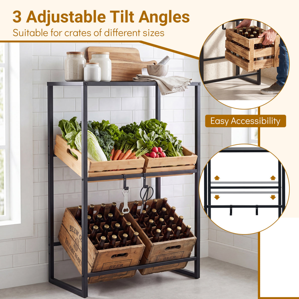 3-Tier Drink Crate Rack with Shelf for Beer and Water for Kitchen and Garage-Black view 8