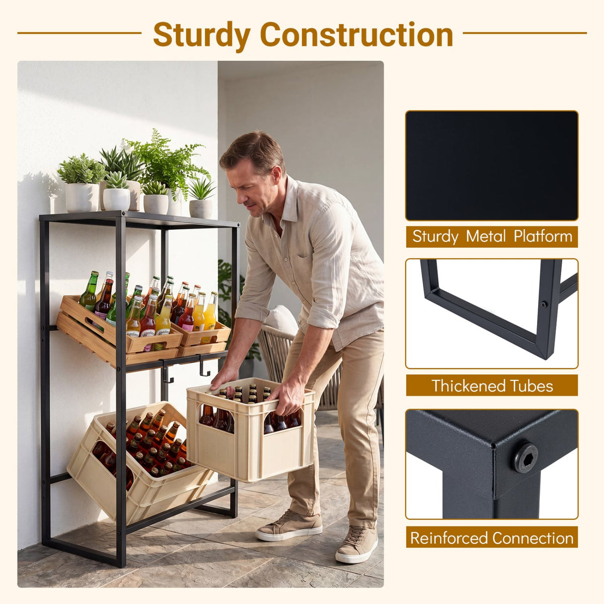 3-Tier Drink Crate Rack with Shelf for Beer and Water for Kitchen and Garage-Black view 9