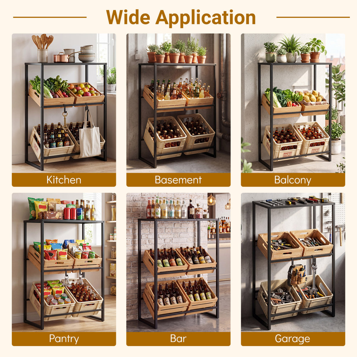 3-Tier Drink Crate Rack with Shelf for Beer and Water for Kitchen and Garage-Black view 7