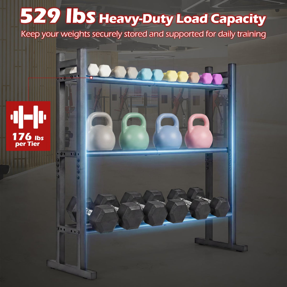 3-Tier Dumbbell Rack 529LB Capacity Heavy-Duty Adjustable Weight Rack Stand-Black view 6