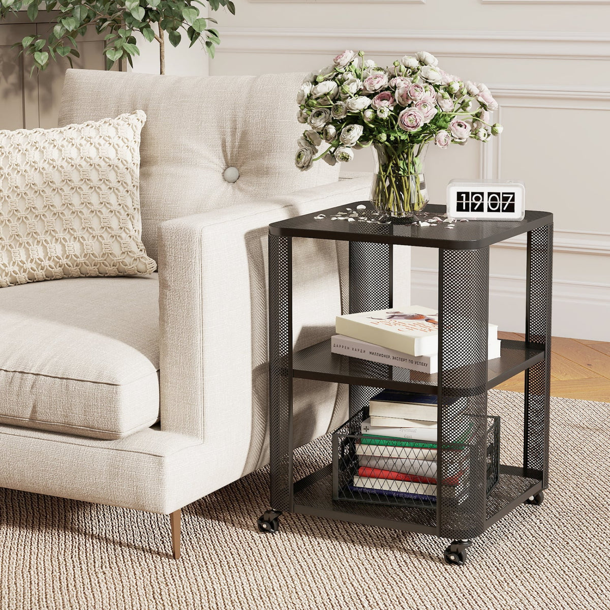 3-Tier End Table with Wheels Rolling Side Table with Open Storage Shelves-Set of 2 view 2