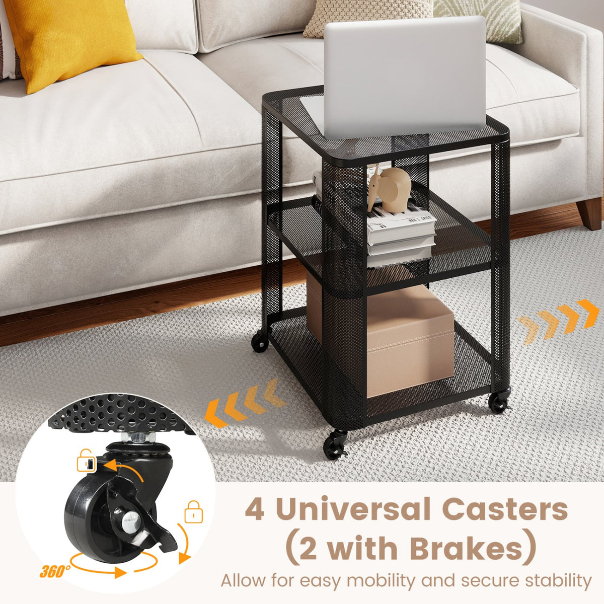 3-Tier End Table with Wheels Rolling Side Table with Open Storage Shelves-Set of 2 view 6
