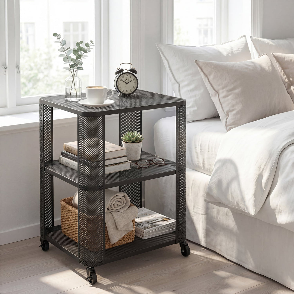 3-Tier End Table with Wheels Rolling Side Table with Open Storage Shelves-Set of 2 view 9